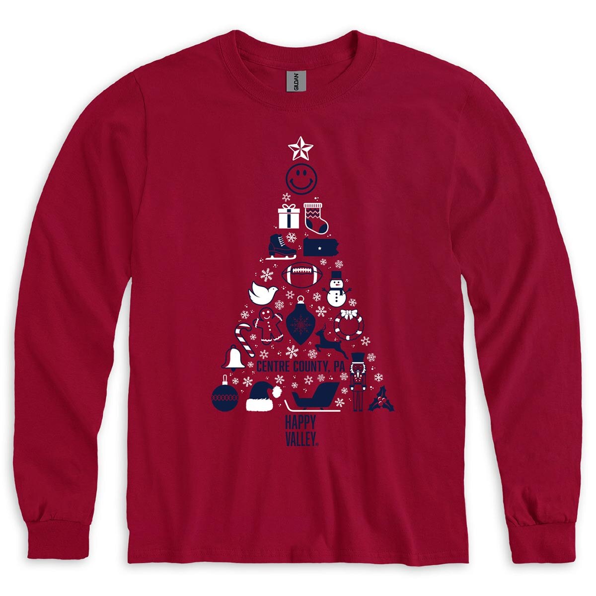 Cardinal red long sleeve t-shirt Happy Valley holiday icon tree